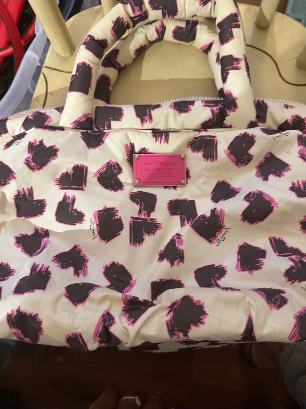 Cream Tote Bag with Pink & Brown Print